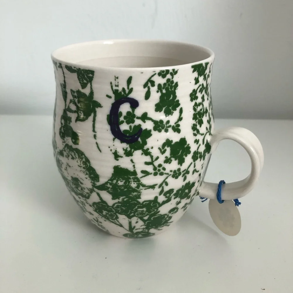 NWOT Anthropologie Monogram C Green and White Floral Mug
